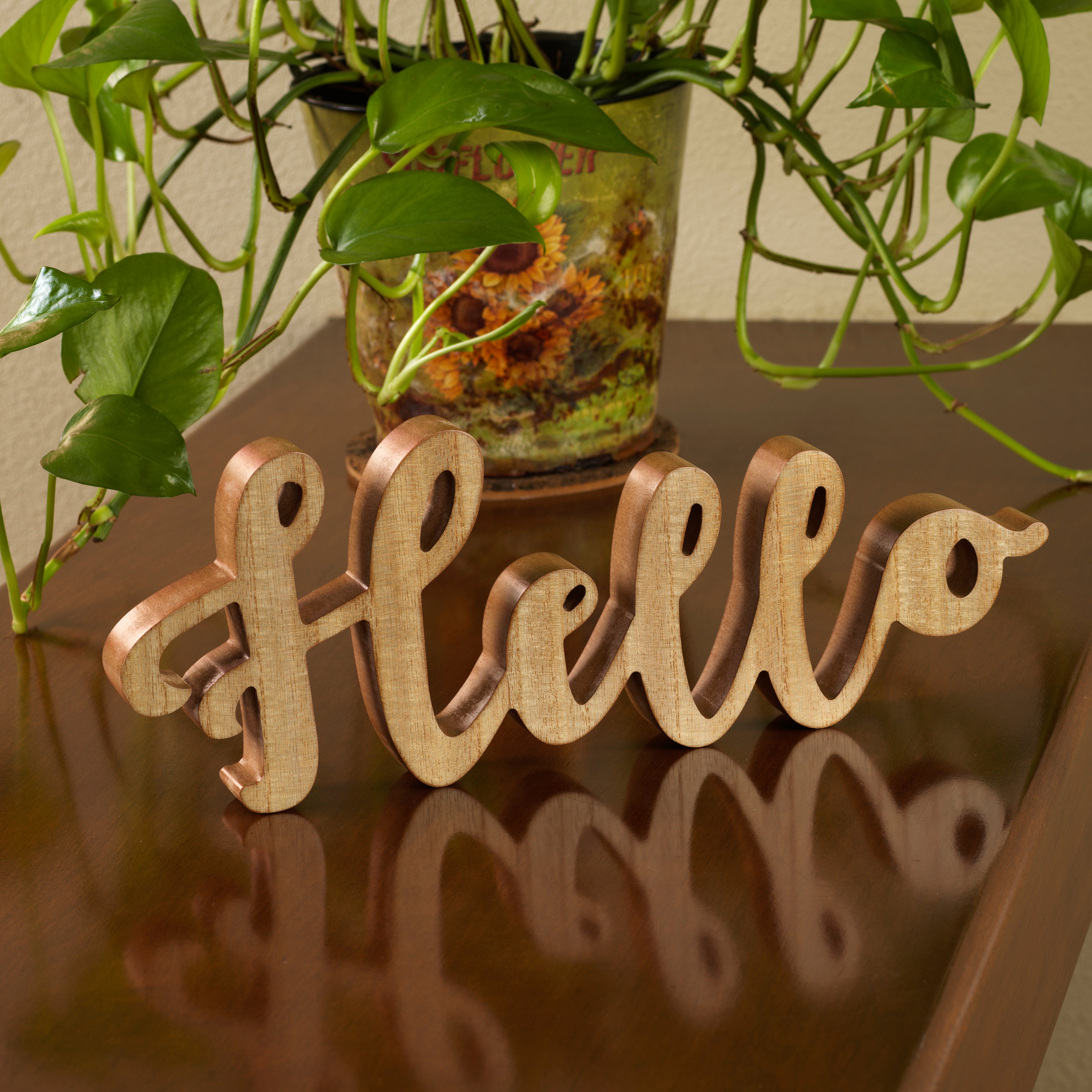 Rustic Wooden “Hello” Sign – Farmhouse Style Tabletop Décor
