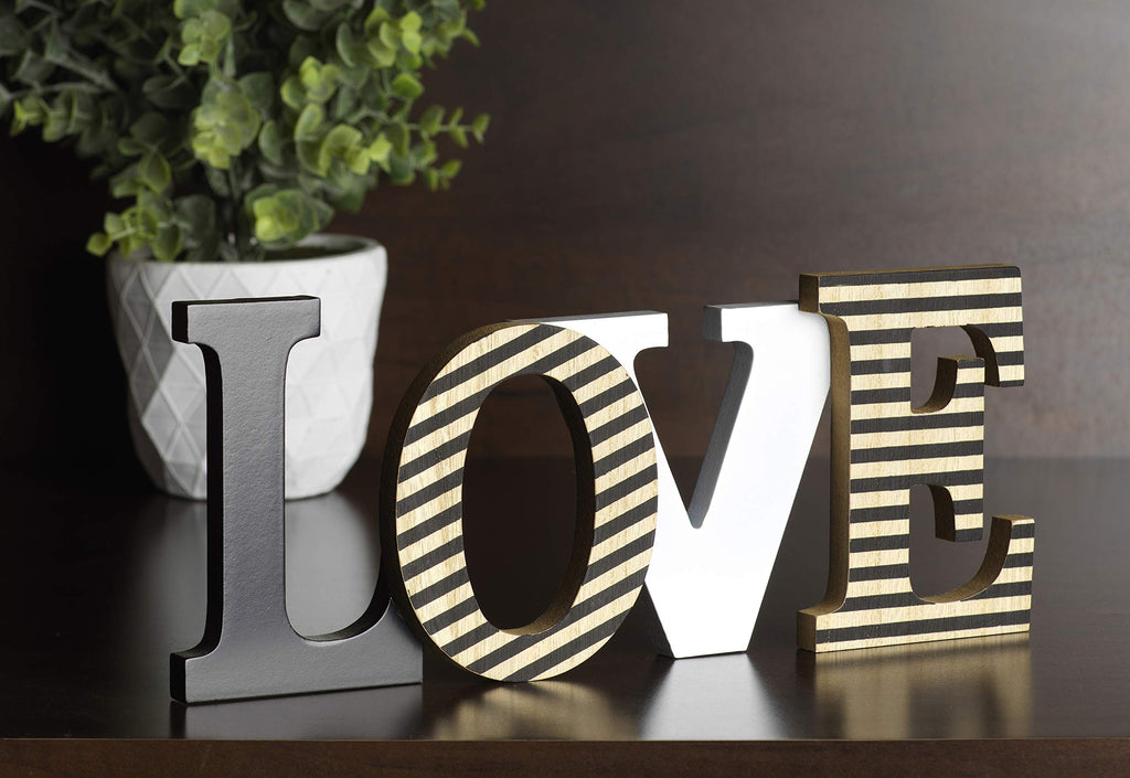 Striped Wooden “LOVE” Sign – Modern Rustic Tabletop Décor