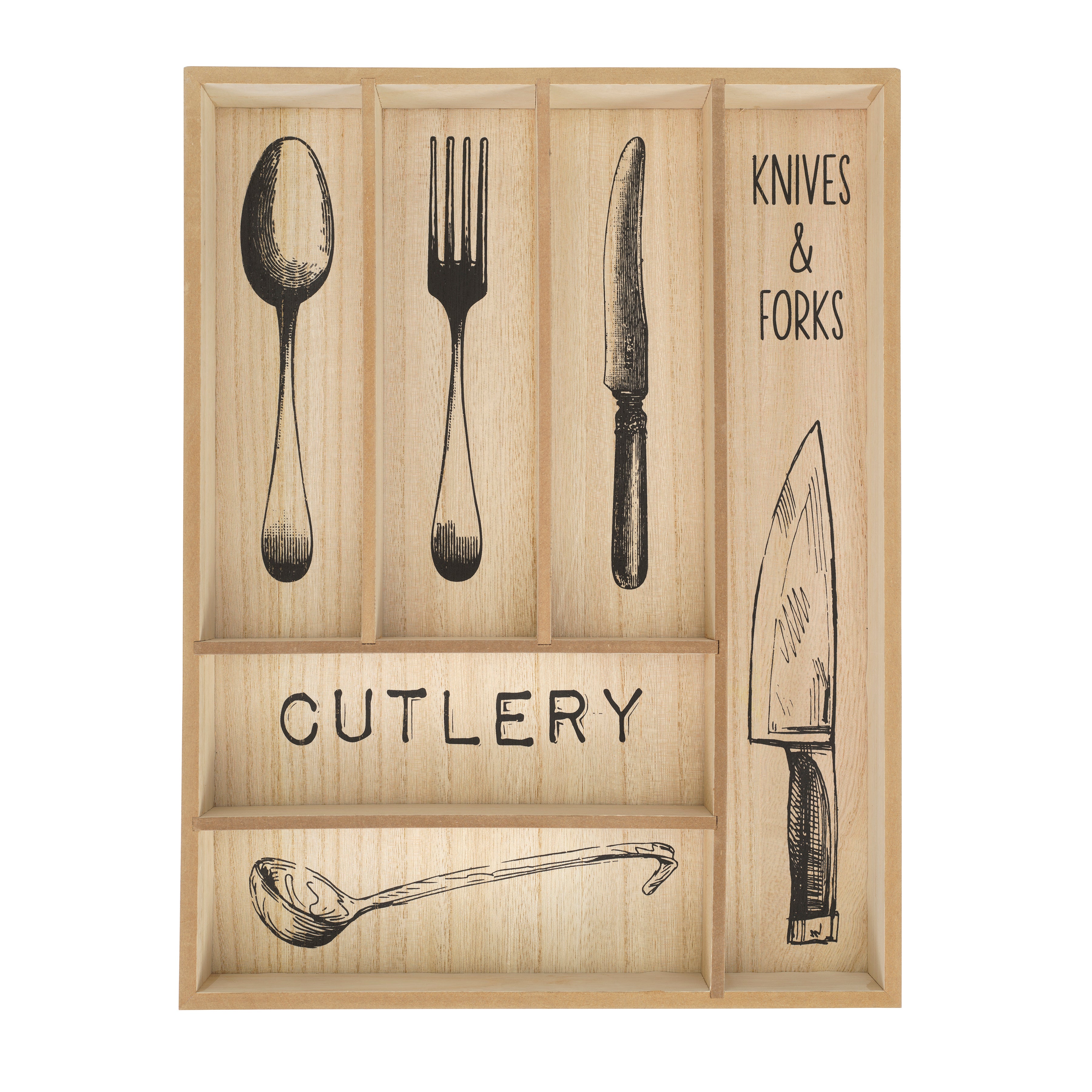 Large Wood Silverware Organizer; Cutlery and Flatware Tray, Decorative Kitchen Drawer Organizer and Cabinets Divider, Utensil Holder with 6 Compartments, Kitchenware Storage