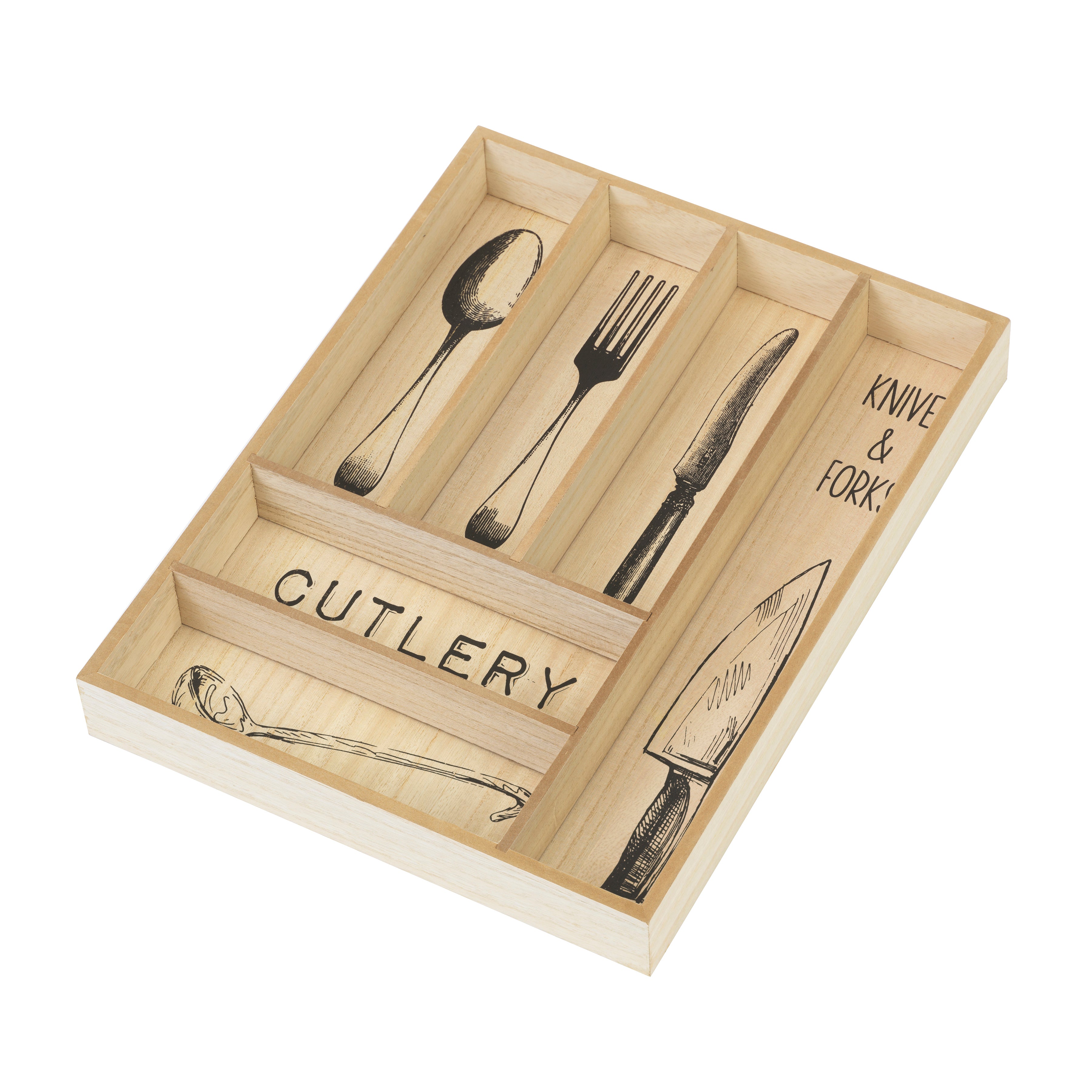 Large Wood Silverware Organizer; Cutlery and Flatware Tray, Decorative Kitchen Drawer Organizer and Cabinets Divider, Utensil Holder with 6 Compartments, Kitchenware Storage