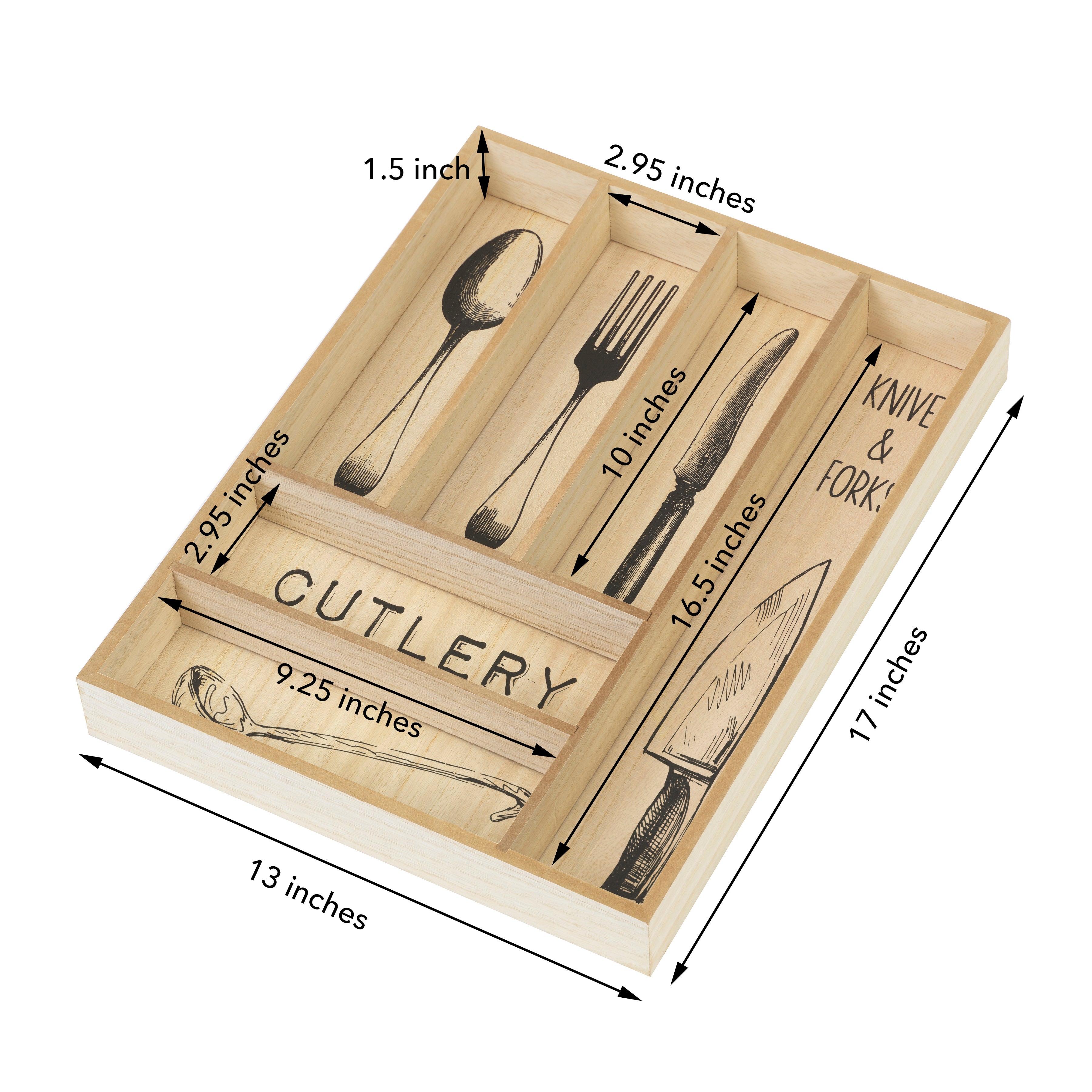 Large Wood Silverware Organizer; Cutlery and Flatware Tray, Decorative Kitchen Drawer Organizer and Cabinets Divider, Utensil Holder with 6 Compartments, Kitchenware Storage
