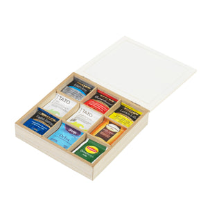 Tea Bag Organizer Box and Storage Chest, Natural Wood with 9 Compartments, Holds Up to 72 Tea Bags, Eggshell White Color, For Kitchen Counter, Cabinet, and Pantry