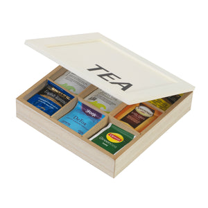 Tea Bag Organizer Box and Storage Chest, Natural Wood with 9 Compartments, Holds Up to 72 Tea Bags, Eggshell White Color, For Kitchen Counter, Cabinet, and Pantry