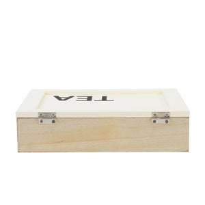 Tea Bag Organizer Box and Storage Chest, Natural Wood with 9 Compartments, Holds Up to 72 Tea Bags, Eggshell White Color, For Kitchen Counter, Cabinet, and Pantry