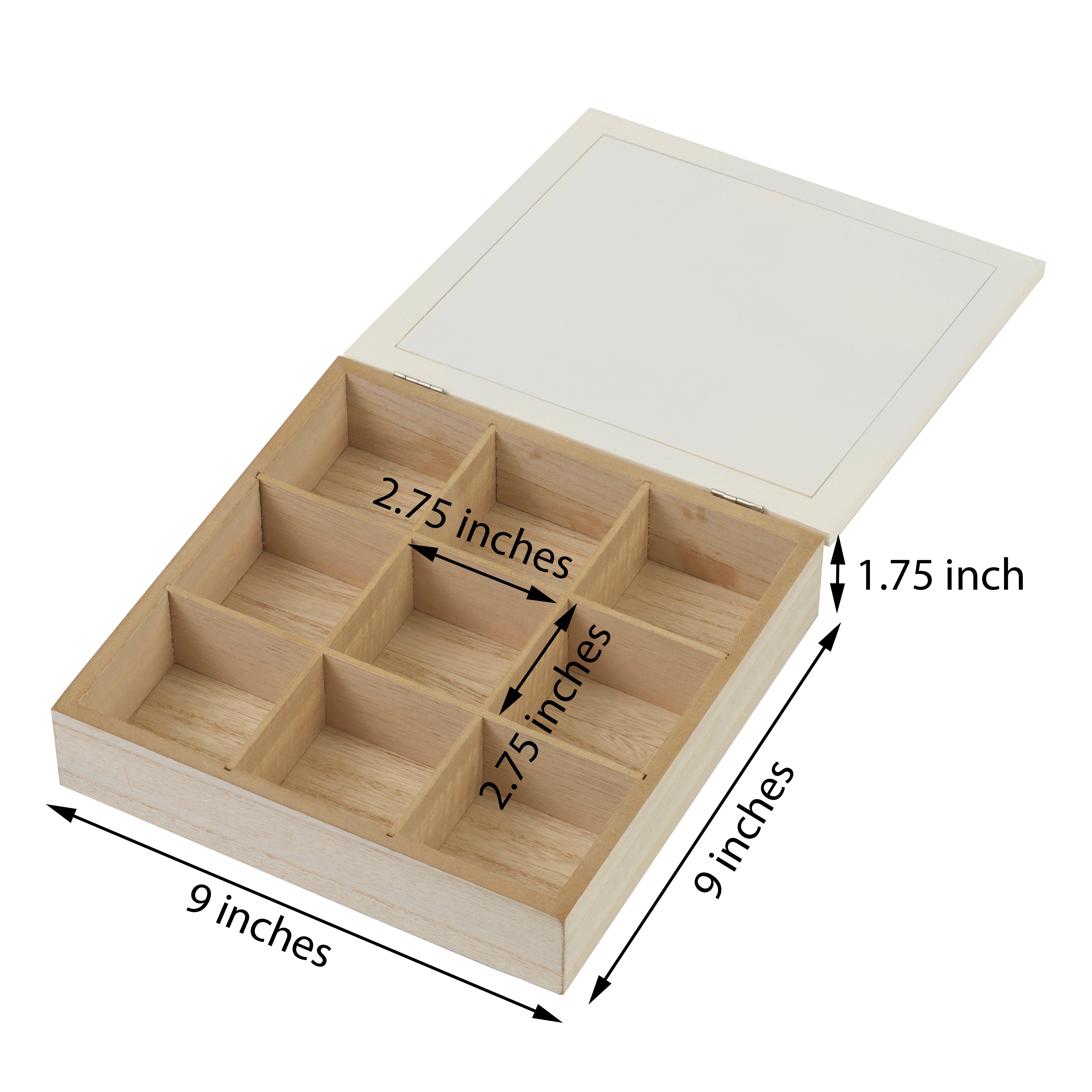 Tea Bag Organizer Box and Storage Chest, Natural Wood with 9 Compartments, Holds Up to 72 Tea Bags, Eggshell White Color, For Kitchen Counter, Cabinet, and Pantry