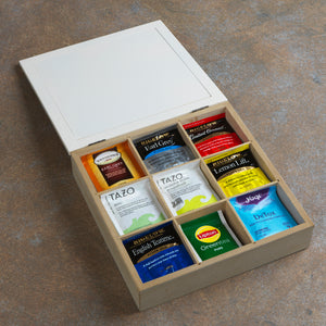 Tea Bag Organizer Box and Storage Chest, Natural Wood with 9 Compartments, Holds Up to 72 Tea Bags, Eggshell White Color, For Kitchen Counter, Cabinet, and Pantry