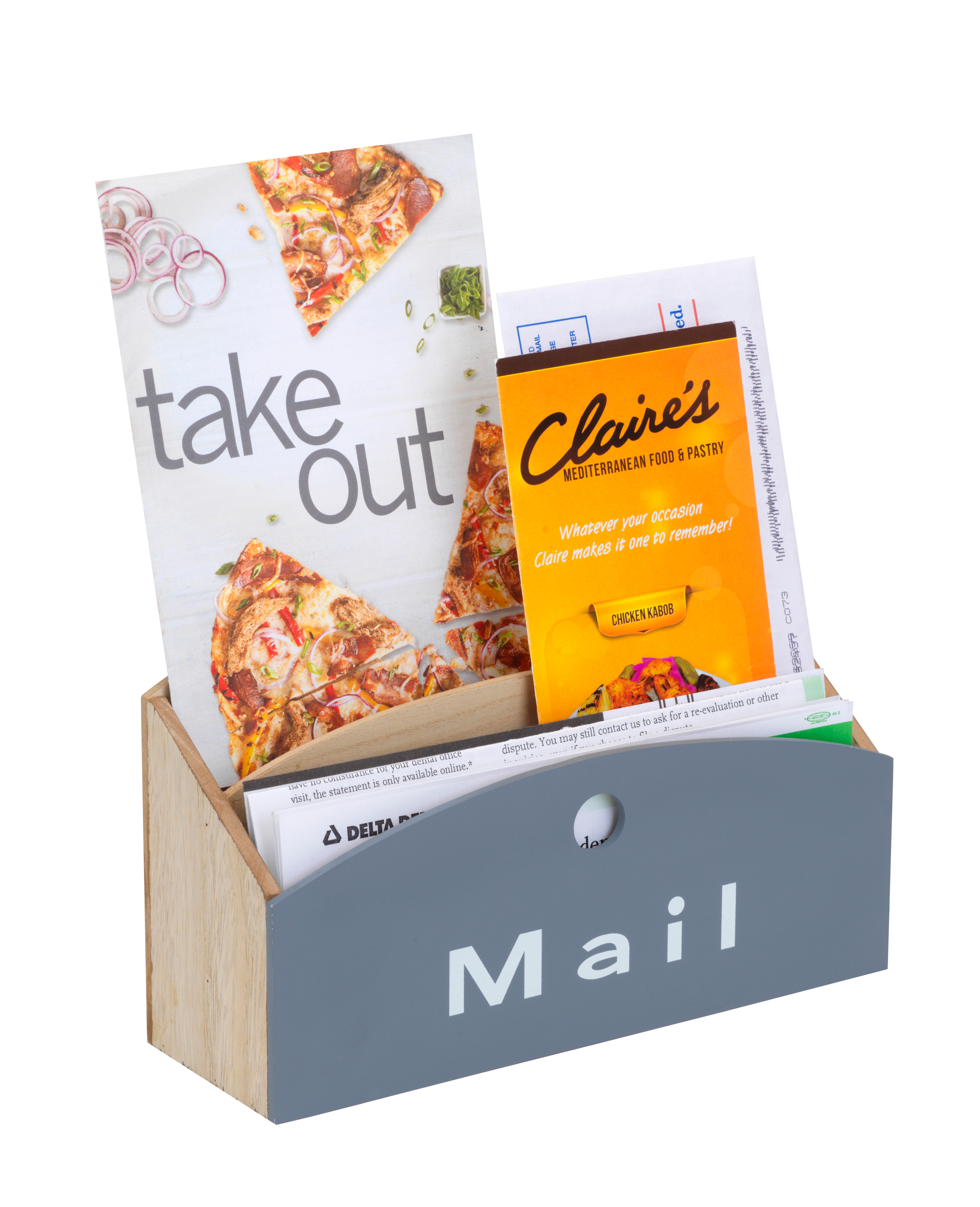 Wood Desktop Mail Organizer with Free Magnetic Letter Opener; Modern Rustic Design; Mail Sorter, Mail Holder, Letter Holder; 2-Tier Compact Design 9.5" (L) x 3.25" (W) x 5.75" (H)